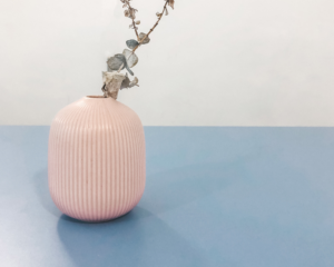 Vase rose avec une branche d'eucalyptus à l'intérieur